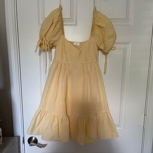 Yellow Babydoll Dress, Ruffle Bottom, Tie Sleeves, Sweetheart Neckline